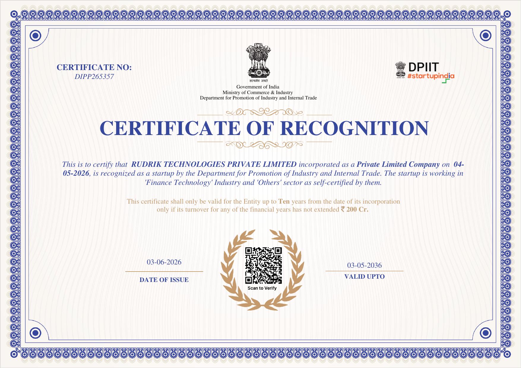 Startup India Certificate of Recognition for Rudrik Technologies Private Limited